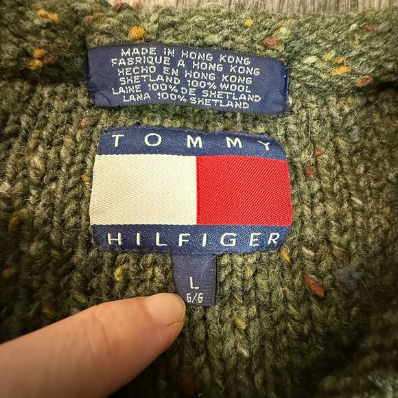 Tommy Hilfiger 100% Shetland Wool Chunky Speckled Forest Green V-Neck Sweate - Picture 4 of 5